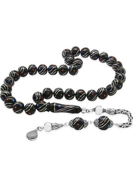 925 Ayar Gümüş Kral Zincir Püsküllü Gümüş Firuze Mercan Işlemeli Küre Kesim Erzurum Oltu Taşı Tesbih