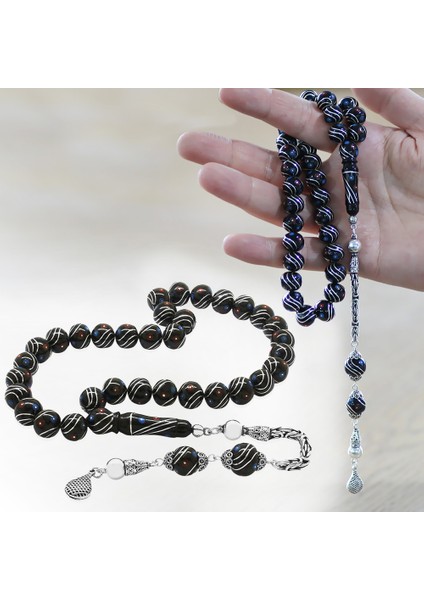 925 Ayar Gümüş Kral Zincir Püsküllü Gümüş Firuze Mercan Işlemeli Küre Kesim Erzurum Oltu Taşı Tesbih fiyatları