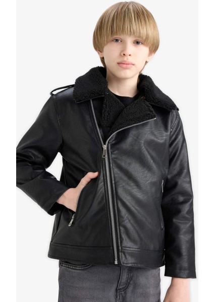 Erkek Çocuk Su Geçirmez Fermuarlı Yaka Pelüş Astar Suni Deri Mont C4324A825AU