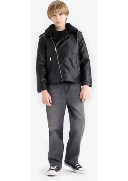 Erkek Çocuk Su Geçirmez Fermuarlı Yaka Pelüş Astar Suni Deri Mont C4324A825AU