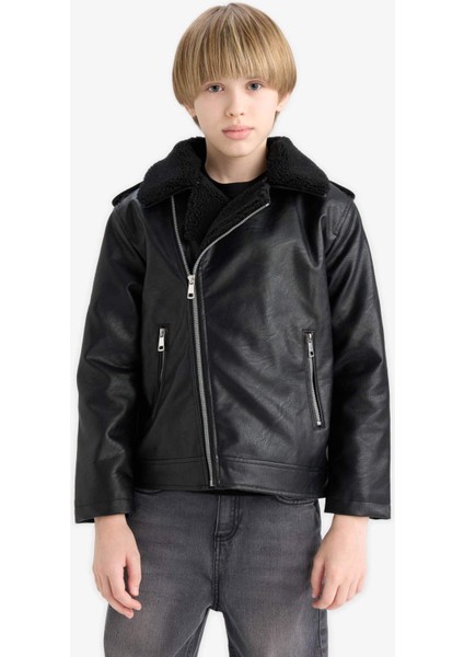 Erkek Çocuk Su Geçirmez Fermuarlı Yaka Pelüş Astar Suni Deri Mont C4324A825AU
