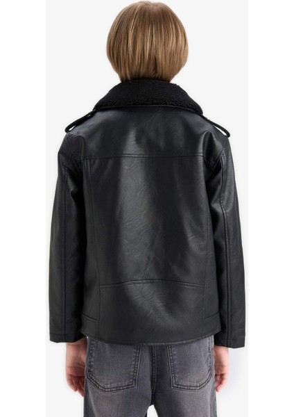 Erkek Çocuk Su Geçirmez Fermuarlı Yaka Pelüş Astar Suni Deri Mont C4324A825AU