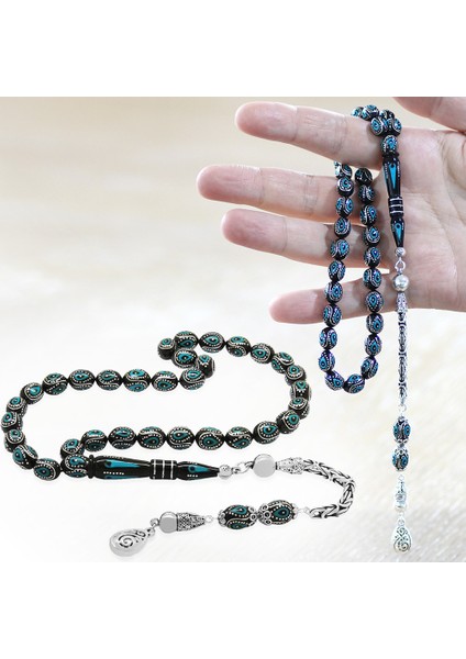 925 Ayar Gümüş Kral Zincir Püsküllü Gümüş Firuze Işlemeli Arpa Kesim Erzurum Oltu Tesbih fiyatları