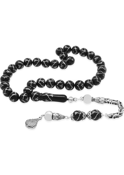 925 Ayar Gümüş Kral Zincir Püsküllü Gümüş Piramit Işlemeli Küre Kesim Erzurum Oltu Taşı Tesbih