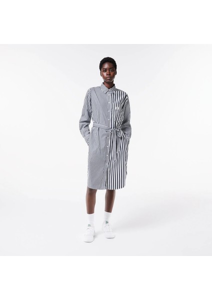 Kadın Regular Fit Uzun Kollu Gömlek Yaka Çizgili Beyaz Elbise