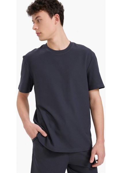%100 Pamuk Regular Fit Bisiklet Yaka Kısa Kollu Ağır Kumaş Tişört E2589AX25SM