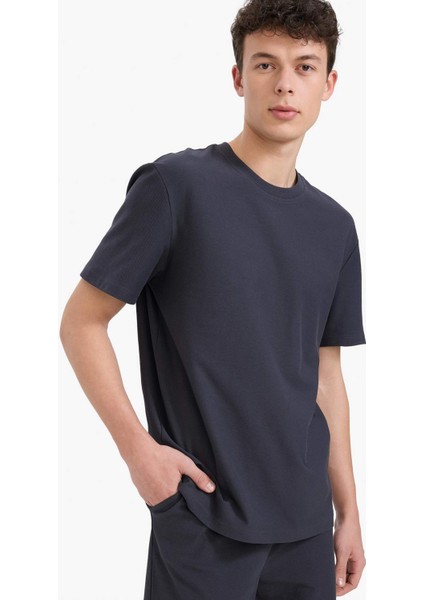 %100 Pamuk Regular Fit Bisiklet Yaka Kısa Kollu Ağır Kumaş Tişört E2589AX25SM