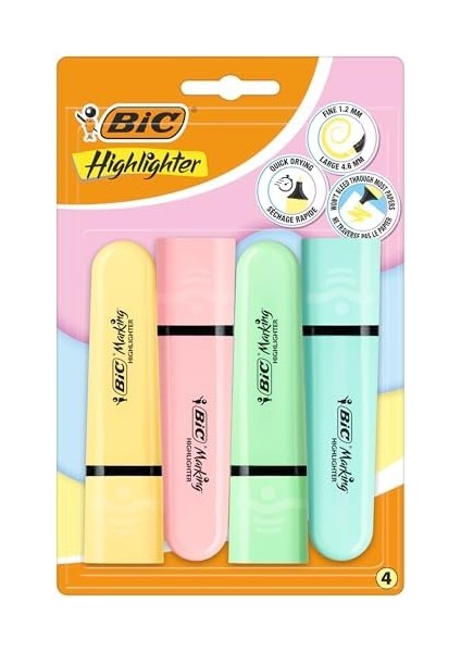 Marking Flat Higlighter Pastel Fosforlu Kalem 4'lü Blister, 4 Pastel Renk (Sarı, Mavi, Pembe, Yeşil), Su Bazlı, Hızlı Kuruyan Mürekkep fiyatları