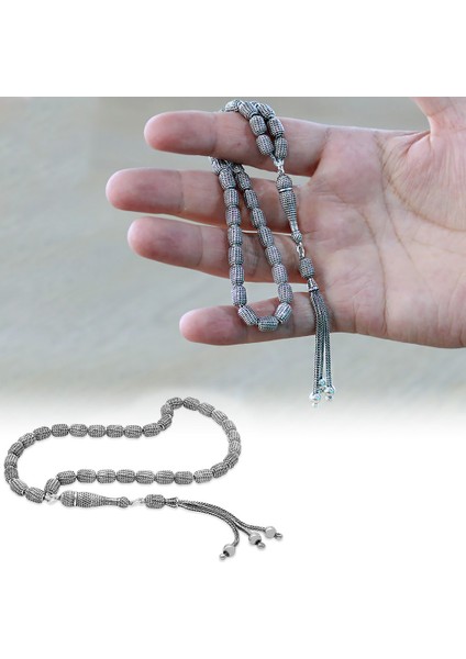 3 Lü Kamçı Top Püsküllü Telkari Tasarım Kapsül Kesim Eskitme Renk 925 Ayar Gümüş Tesbih fiyatları