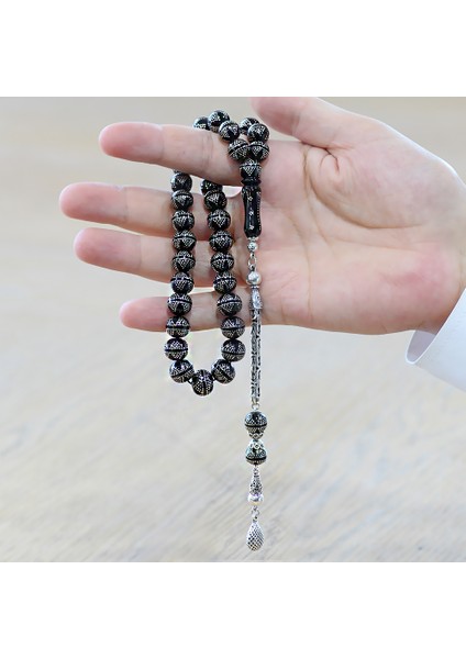 Erzurum Oltu Taşı Tesbih - 925 Ayar Gümüş Kral Püsküllü - Yoğun Gümüş Yıldız Işlemeli - Küre Kesim modelleri