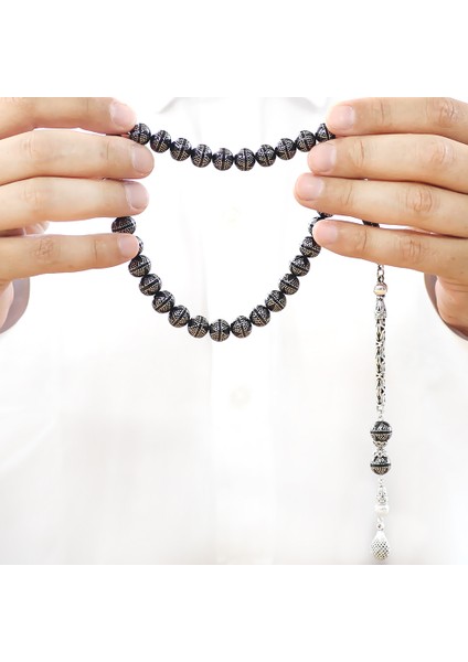 Erzurum Oltu Taşı Tesbih - 925 Ayar Gümüş Kral Püsküllü - Yoğun Gümüş Yıldız Işlemeli - Küre Kesim fırsatları