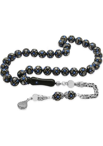 925 Ayar Gümüş Kral Zincir Püsküllü Firuze Gümüş Işleme Küre Kesim Erzurum Oltu Taşı Tesbih