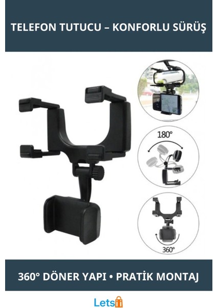 360 Derece Dönebilir Pratik Araba Dikiz Aynası Telefon Tutucu