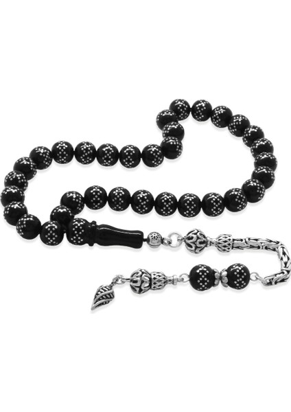 925 Ayar Gümüş Kral Zincir Püsküllü Gümüş Işlemeli Rus Oltu Tesbih