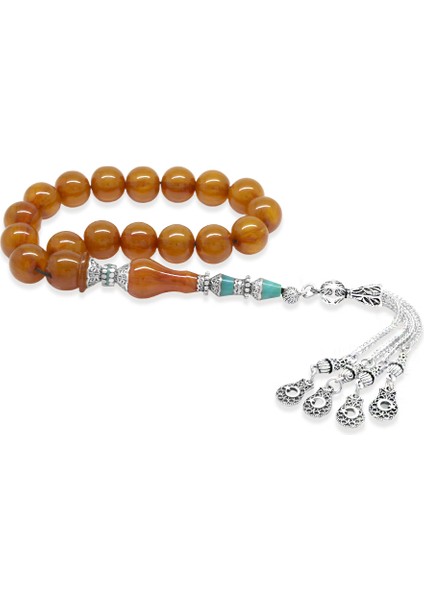 Kararmaz Metal Püsküllü Alpaka Nakkaş Imameli Sıkma Kehribar Efe Tesbih Bal Rengi Küre Kesim