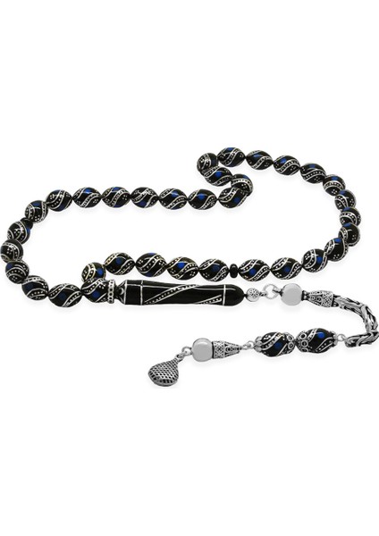 925 Ayar Gümüş Kral Zincir Püsküllü Gümüş Firuze Işlemeli Arpa Kesim Erzurum Oltu Taşı Tesbih