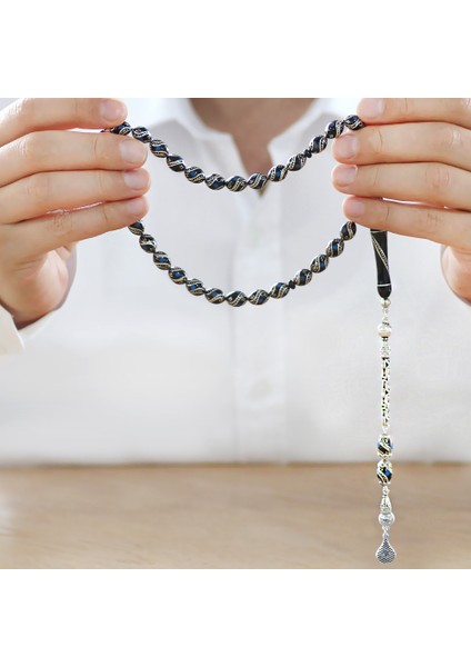 925 Ayar Gümüş Kral Zincir Püsküllü Gümüş Firuze Işlemeli Arpa Kesim Erzurum Oltu Taşı Tesbih modelleri