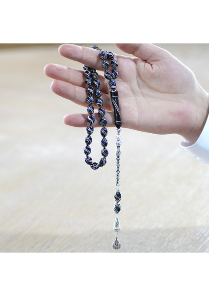 925 Ayar Gümüş Kral Zincir Püsküllü Gümüş Firuze Işlemeli Arpa Kesim Erzurum Oltu Taşı Tesbih fırsatları