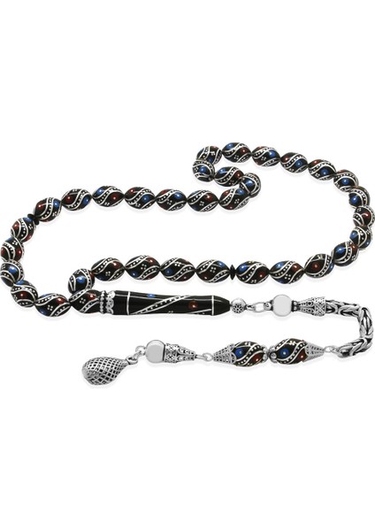 925 Ayar Gümüş Kral Püsküllü Gümüş Firuze Mercan Işlemeli Arpa Kesim Erzurum Oltu Taşı Tesbih