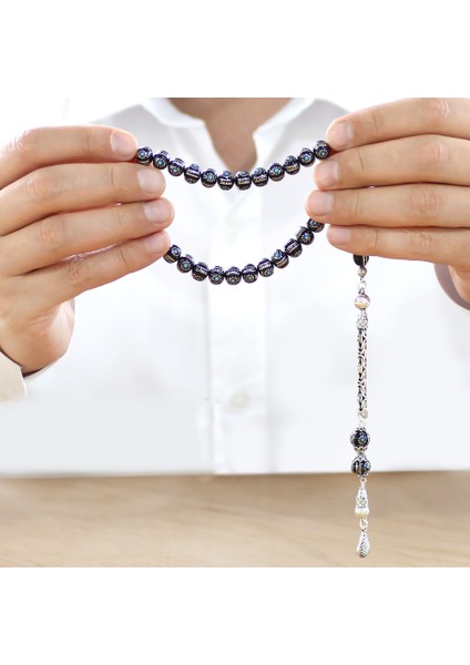 925 Ayar Gümüş Kral Püsküllü Yoğun Gümüş Firuze Işlemeli Erzurum Oltu Taşı Tesbih modelleri