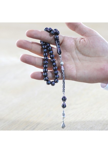 925 Ayar Gümüş Kral Püsküllü Yoğun Gümüş Firuze Işlemeli Erzurum Oltu Taşı Tesbih fırsatları