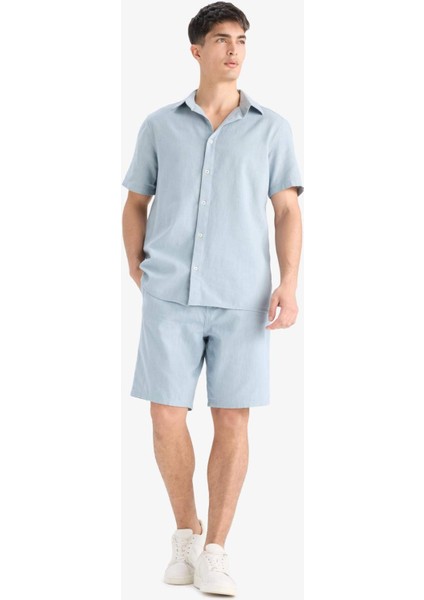 %100 Pamuk Relax Fit Cepli Keten Görünümlü Bermuda Şort C7381AX25SM