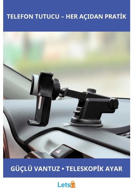 Teleskopik Çok Fonksiyonlu Araç Telefon Tutucu 360° Döner Vantuzlu