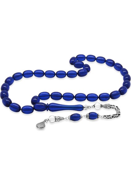 925 Ayar Gümüş Kral Zincir Püsküllü Sülün Imame Beyzi Kesim Lacivert Katalin Tesbih