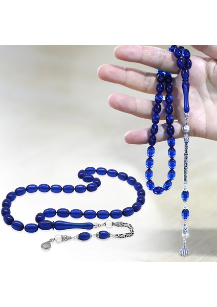 925 Ayar Gümüş Kral Zincir Püsküllü Sülün Imame Beyzi Kesim Lacivert Katalin Tesbih fiyatları