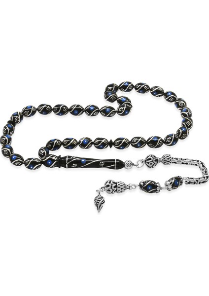 925 Ayar Gümüş Kral Zincir Püsküllü Arpa Kesim Gümüş Firuze Işlemeli Erzurum Oltu Taşı Tesbih