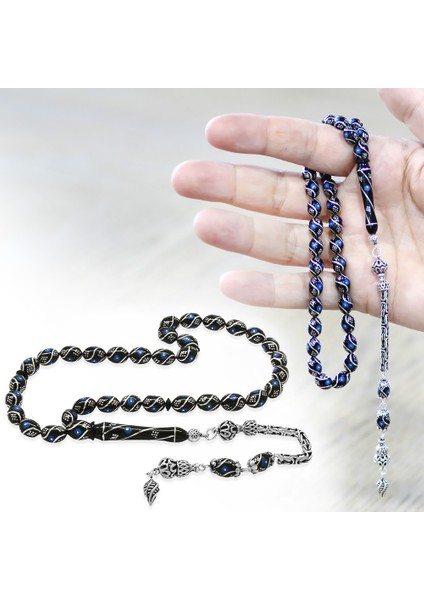 925 Ayar Gümüş Kral Zincir Püsküllü Arpa Kesim Gümüş Firuze Işlemeli Erzurum Oltu Taşı Tesbih modelleri