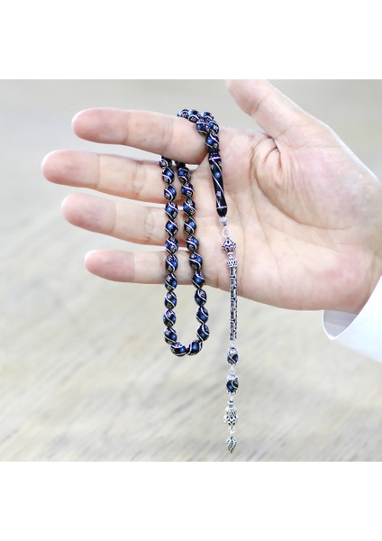 925 Ayar Gümüş Kral Zincir Püsküllü Arpa Kesim Gümüş Firuze Işlemeli Erzurum Oltu Taşı Tesbih fırsatları