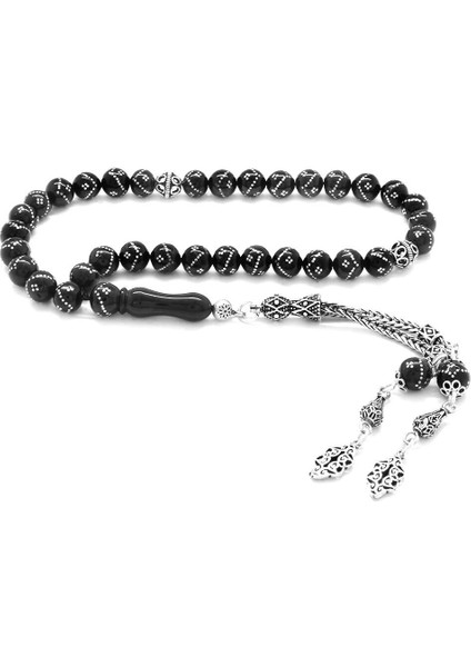 925 Ayar Gümüş Püsküllü Gümüş Işlemeli Küre Kesim Erzurum Oltu Taşı Tesbih