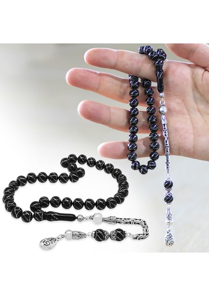 925 Ayar Gümüş Kral Zincir Püsküllü Gümüş Yanburgu Işlemeli Erzurum Oltu Taşı Tesbih fiyatları