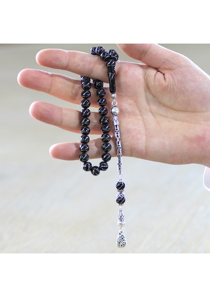 925 Ayar Gümüş Kral Zincir Püsküllü Gümüş Yanburgu Işlemeli Erzurum Oltu Taşı Tesbih modelleri