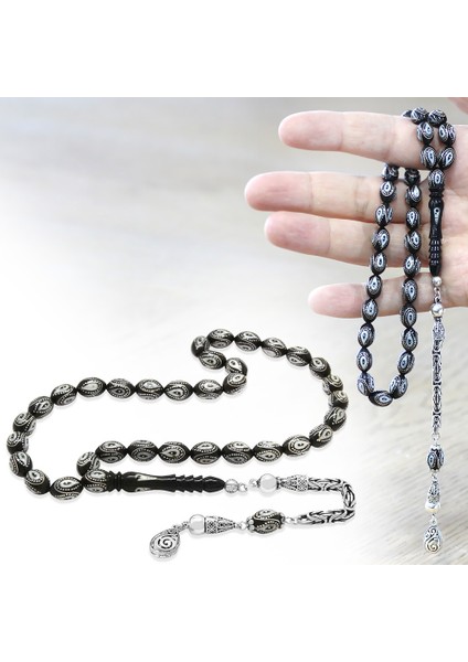 Erzurum Oltu Taşı Tesbih - 925 Ayar Gümüş Kral Püsküllü - Gümüş Işlemeli Mine Dolgulu - Arpa Kesim fiyatları