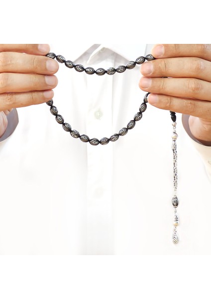 Erzurum Oltu Taşı Tesbih - 925 Ayar Gümüş Kral Püsküllü - Gümüş Işlemeli Mine Dolgulu - Arpa Kesim fırsatları