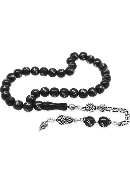 925 Ayar Gümüş Kral Zincir Püsküllü Gümüş Işlemeli Küre Kesim Rus Oltu Tesbih