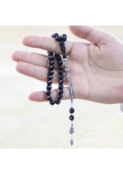 925 Ayar Gümüş Kral Zincir Püsküllü Gümüş Işlemeli Küre Kesim Rus Oltu Tesbih fırsatları