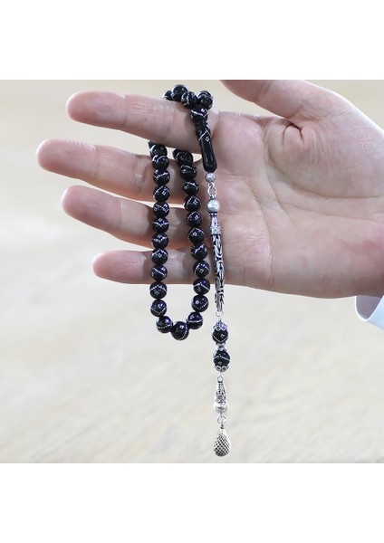 925 Ayar Gümüş Kral Zincir Püsküllü Gümüş Işlemeli Küre Kesim Erzurum Oltu Taşı Tesbih fırsatları