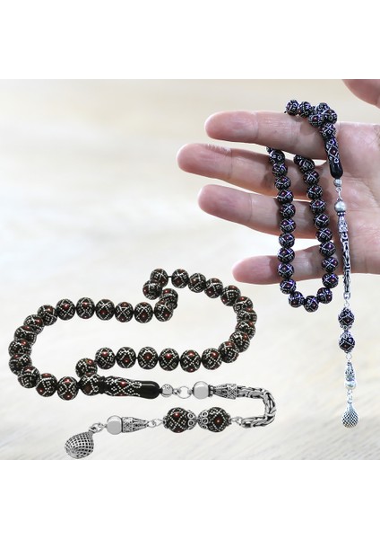 925 Ayar Gümüş Kral Zincir Püsküllü Gümüş Mercan Işleme Küre Kesim Erzurum Oltu Taşı Tesbih fiyatları