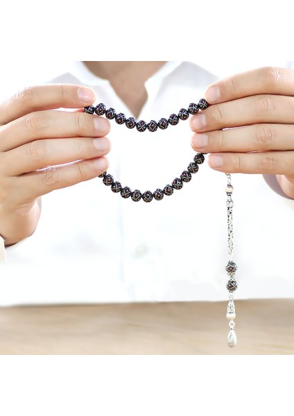 925 Ayar Gümüş Kral Zincir Püsküllü Gümüş Mercan Işleme Küre Kesim Erzurum Oltu Taşı Tesbih modelleri