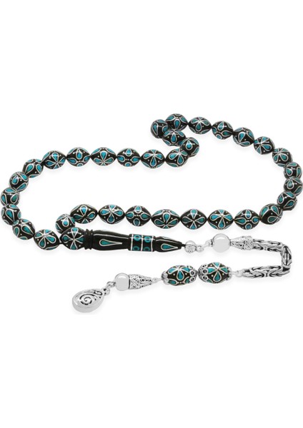 925 Ayar Gümüş Kral Zincir Püsküllü Gümüş Firuze Işlemeli Erzurum Oltu Taşı Tesbih