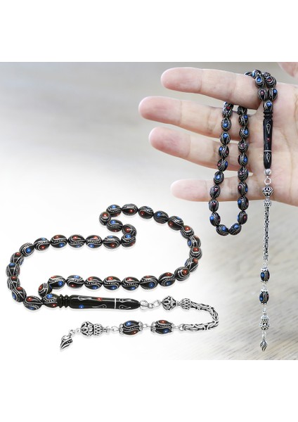 Erzurum Oltu Taşı Tesbih - 925 Ayar Gümüş Kral Püsküllü - Firuze Mercan Işlemeli - Arpa Kesim fiyatları