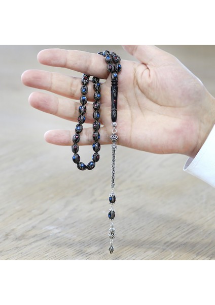 Erzurum Oltu Taşı Tesbih - 925 Ayar Gümüş Kral Püsküllü - Firuze Mercan Işlemeli - Arpa Kesim modelleri