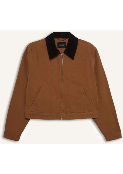 Regular Fit Kontrast Yakalı Fermuarlı Basic Düz Cepli Mevsimlik Pamuklu Ceket Mont