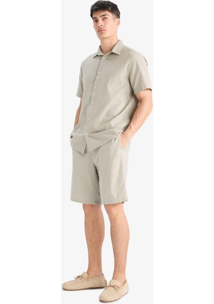 %100 Pamuk Relax Fit Cepli Keten Görünümlü Bermuda Şort C7381AX25SM