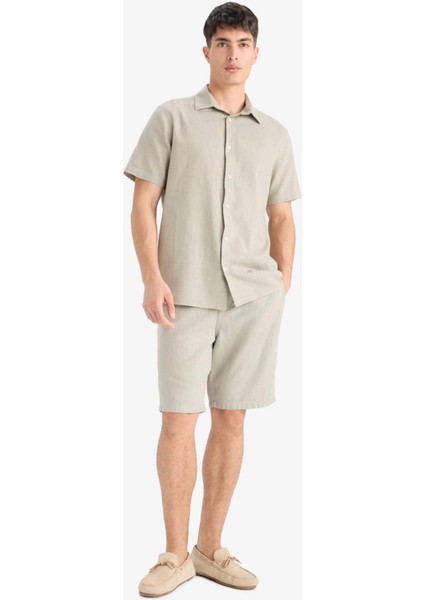 %100 Pamuk Relax Fit Cepli Keten Görünümlü Bermuda Şort C7381AX25SM
