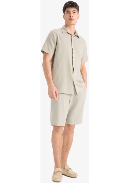 %100 Pamuk Relax Fit Cepli Keten Görünümlü Bermuda Şort C7381AX25SM