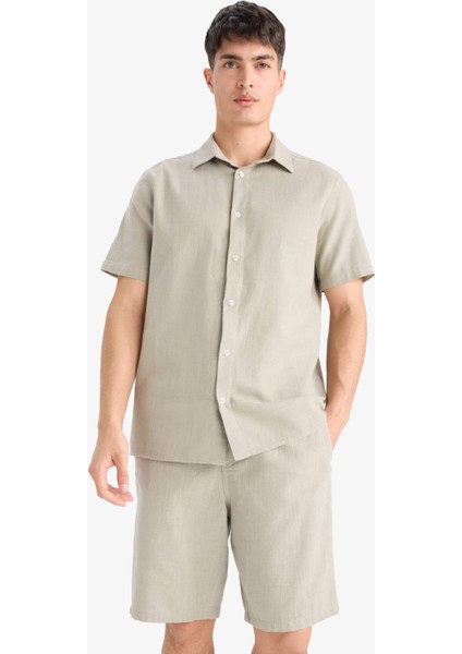 %100 Pamuk Relax Fit Cepli Keten Görünümlü Bermuda Şort C7381AX25SM